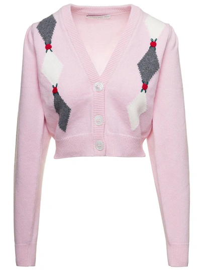 ALESSANDRA RICH PINK CARDIGAN WITH 'DIAMOND' MOTIF AND EMBROIDERED ROSE DETAIL IN WOOL WOMAN