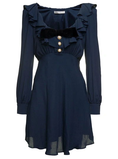 ALESSANDRA RICH BLUE MINI DRESS WITH VOLANT COLLAR AND VELVET BOW IN ACETTE BLEND WOMAN