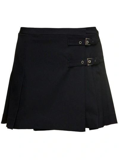 Alessandra Rich Stretch Wool Mini Skirt With Buckles In Black