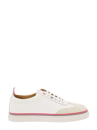 THOM BROWNE WHITE LOW TOP SNEAKERS WITH SUEDE AND TRICOLOR DETAIL IN LEATHER MAN