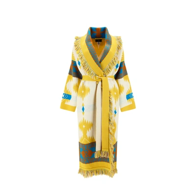 Alanui Icon Belted Fringed Wool-jacquard Coat In Yellow