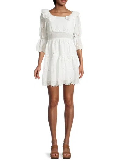 70/21 Women's Eyelet-embroidered Mini Tiered Dress In White