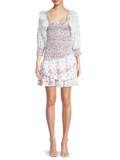 70/21 Women's Floral Smocked & Tiered Dress In White Multi