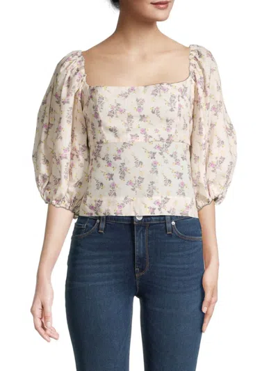 70/21 Women's Floral Tie-back Lantern Sleeve Top In Beige Multicolor