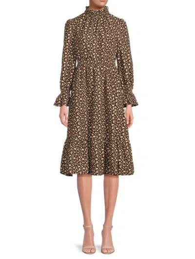 70/21 Women's High Neck Floral Midi Dress In Brown Multi