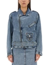 Moschino Jeans Crystal-embellished Denim Biker Jacket In Blue