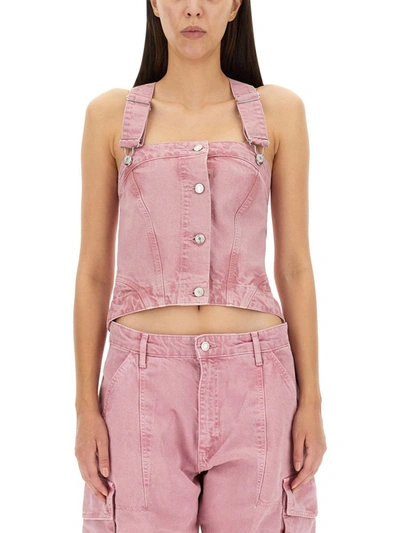 Moschino Jeans Denim Drill Suspender Crop Top In Pink