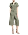 7 FOR ALL MANKIND SHORT-SLEEVE BUTTON-FRONT CULOTTE JUMPSUIT, GREEN,PROD117740023