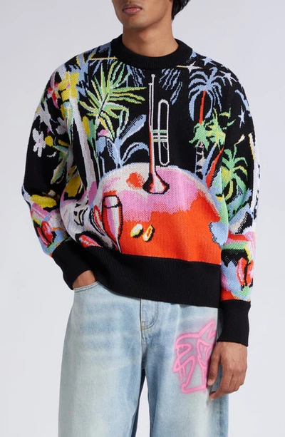 Palm Angels Oil On Canvas Jacquard Virgin Wool Sweater In Multicolor