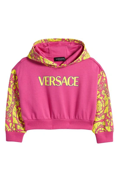 Versace Kids' Logo Cotton Hoodie In Fuxia+yellow