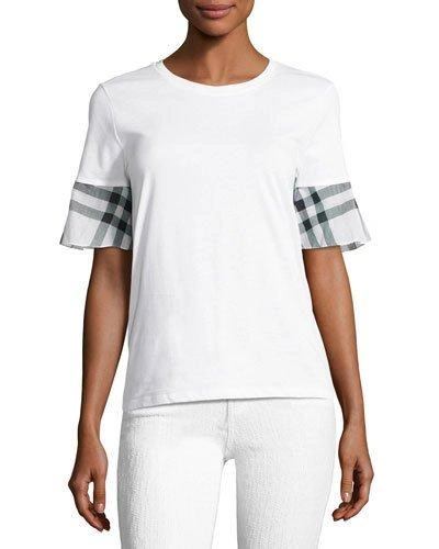 Burberry Flared-sleeve Check Detail Cotton T-shirt In White