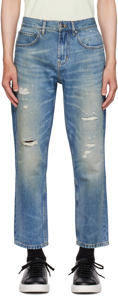 Hugo Blue Distressed Jeans In 431 - Bright Blue