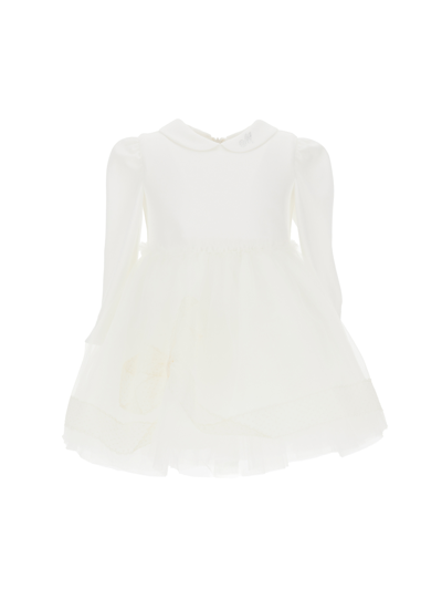 Monnalisa Kids'   Jersey Dress With Tulle Maxi Embroidery In Cream