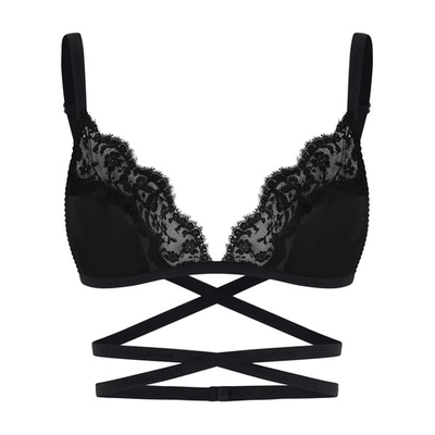 Dolce & Gabbana Soft-cup Satin Bra With Lace Detailing And Branded Elastic In Nero