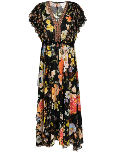 Camilla Floral-print Ruffled Dress In Black