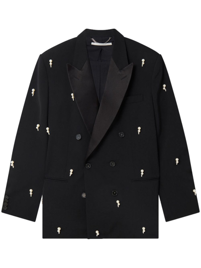 Stella Mccartney + Net Sustain Oversized Faux Pearl-embellished Double-breasted Wool-blend Blazer In Black