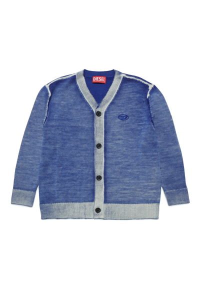 Diesel Kids' Contrasting-panel Wool-knit Cardigan In Blue
