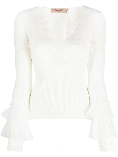 Twinset Tulle-inserts Ribbed-knit Top In Cream