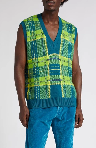 Versace Checked Intarsia-knit V-neck Waistcoat In Blue+yellow