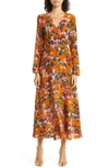 Saloni Print Long Sleeve Belted Silk Dress In 1647-sunset Blossom