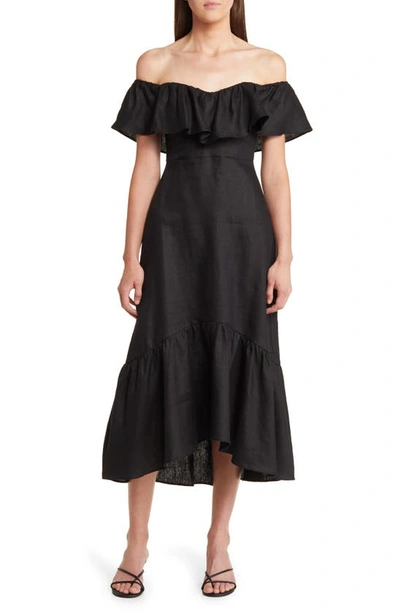 Reformation Baela Ruffle Off The Shoulder Linen Dress In Black