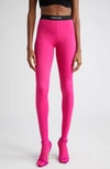 Tom Ford Glossy Jersey Footed Leggings With Logo Band In Fuchsia