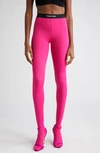 Tom Ford Glossy Jersey Footed Leggings With Logo Band In Bright Fuxia