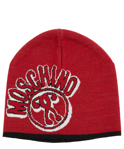 Moschino Double Question Mark Wool Beanie In Red