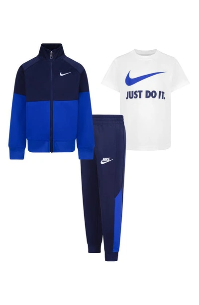Nike Kids' Colorblock Track Jacket, Logo Graphic T-shirt & Joggers Set In Midnight Navy