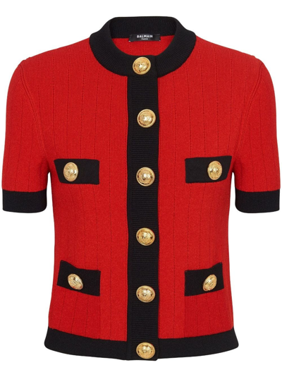 Balmain Short-sleeve Cropped Cardigan In Red