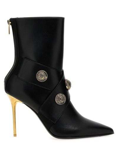 Balmain Black Ankle Boots With Decorative Buttons And Gold Heel In Nero