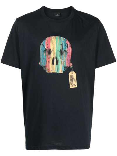 Ps By Paul Smith Skull-print Organic Cotton T-shirt In Blue