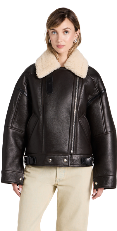 Acne Studios Leather Shearling Flight Jacket In Dark Brown