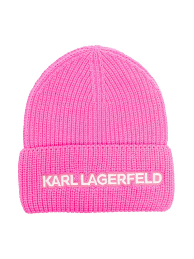 Karl Lagerfeld Kids' Embroidered Logo Beanie In Pink