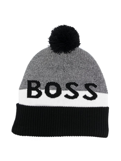 Bosswear Kids' Striped Logo-print Bobble Hat In Black