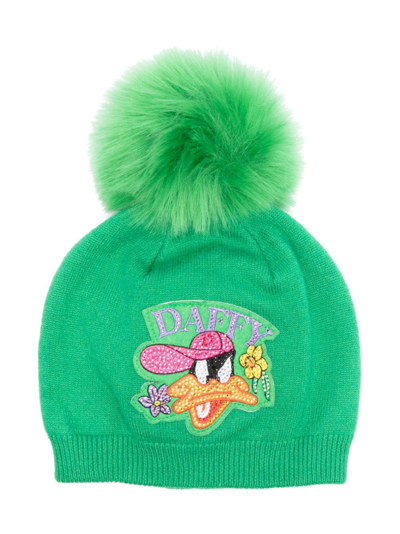 Monnalisa Kids' Pompom Detail Knit Hat In Green