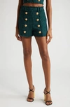 Balmain Frayed Button-embellished Bouclé Shorts In Green