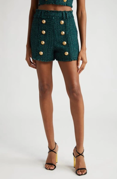 Balmain Frayed Button-embellished Bouclé Shorts In Green