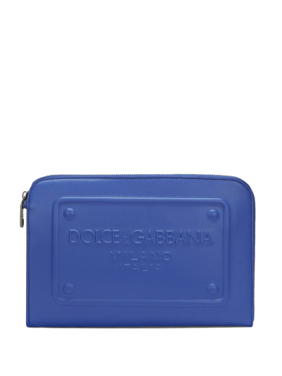 Dolce & Gabbana Raised-logo Leather Clutch In Blue