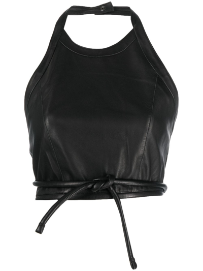 Forte Forte Tie-fastening Cropped Leather Top In Black