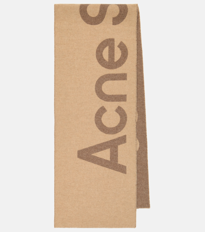 Acne Studios Logo Wool-blend Scarf In Camel Brown