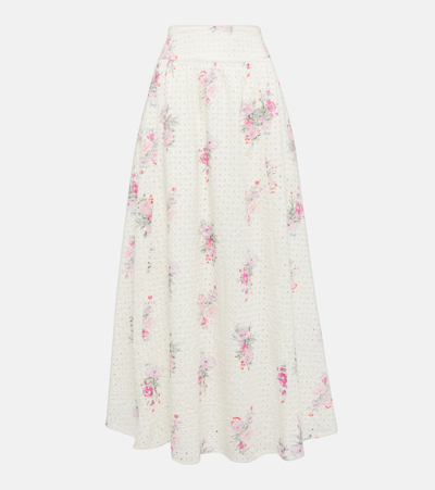 Loveshackfancy Aventi Gathered Floral-print Broderie Anglaise Cotton-voile Maxi Skirt In Beige