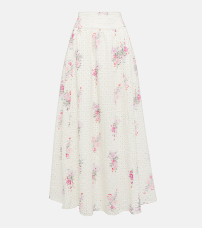 Loveshackfancy Aventi Gathered Floral-print Broderie Anglaise Cotton-voile Maxi Skirt In Purple