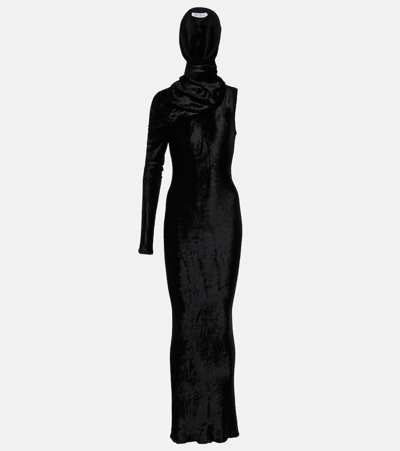 Alaïa Hooded Asymmetric Gown In 995 Noir Alaia