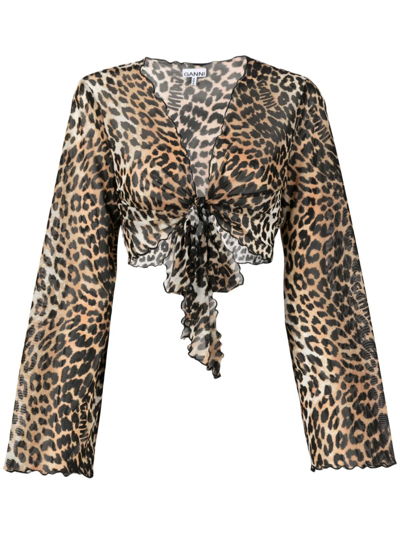 Ganni Leopard-print Tie-front Cropped Blouse In Brown