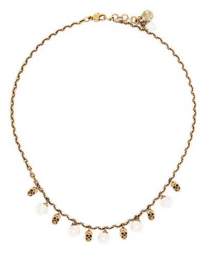 Alexander Mcqueen Skull-detail Pearl-embellished Necklace In Golden