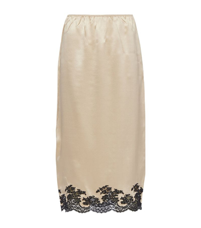 Prada Lace-embellishment Silk Midi Skirt In Brown