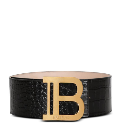 Balmain Leather Croc-embossed Logo Belt In 0pa