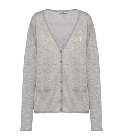 Prada Embroidered-logo Cardigan In Grey