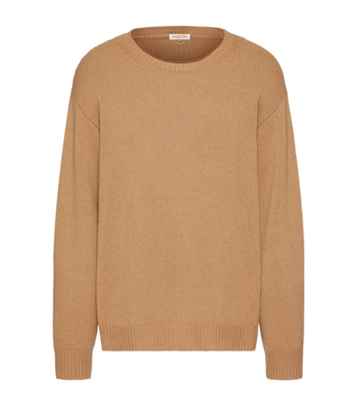 Valentino Cashmere Crewneck Jumper With Stud In Camel
